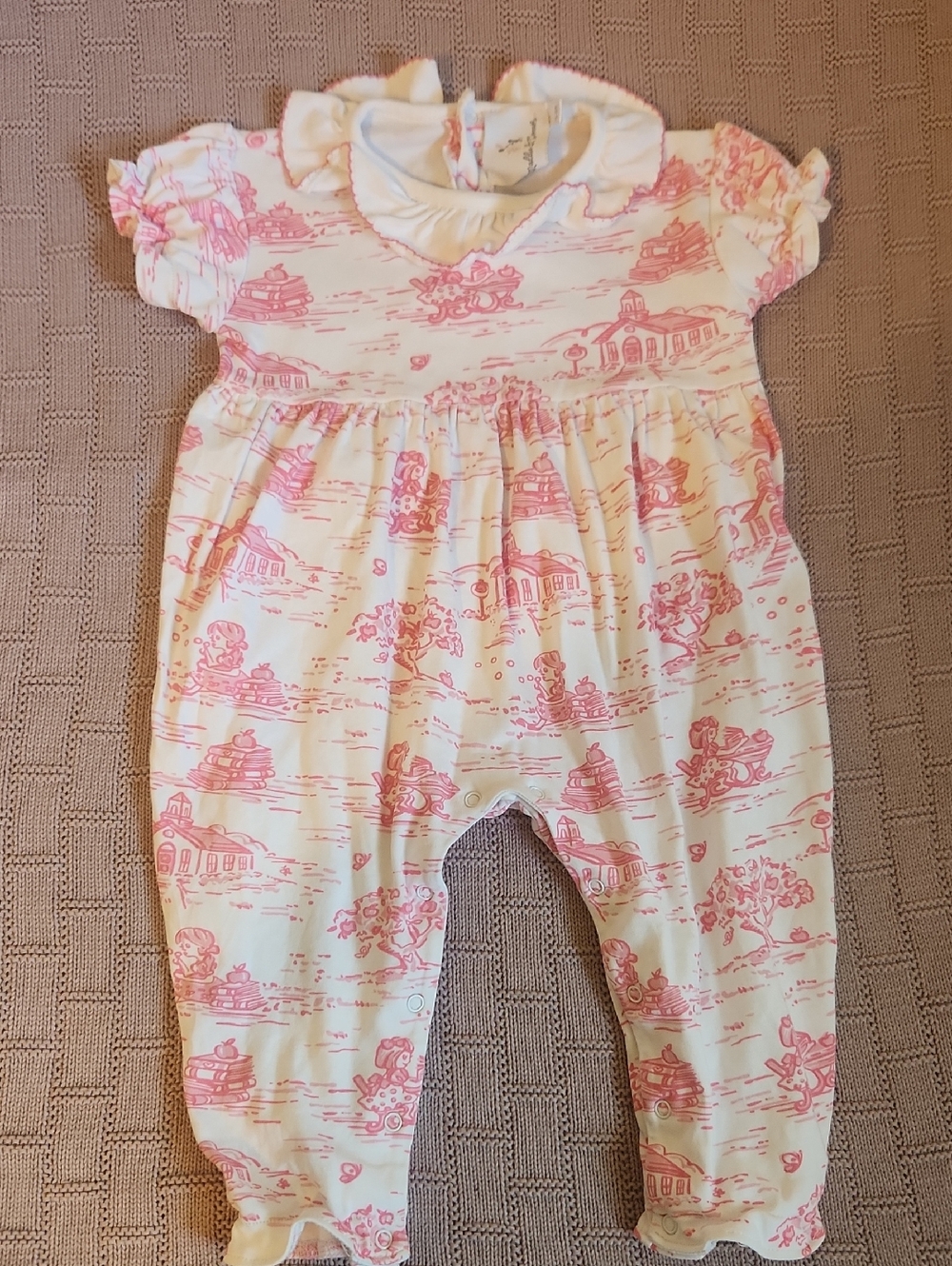 Maddie & Connor Baby Pink Toile Romper with Ruffle Collar
